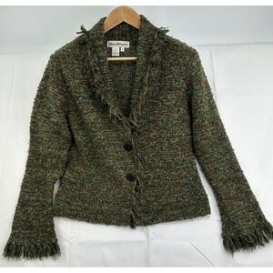 Vintage Norm Thompson‎ Women's Medium Green Button Cardigan Sweater Fringe